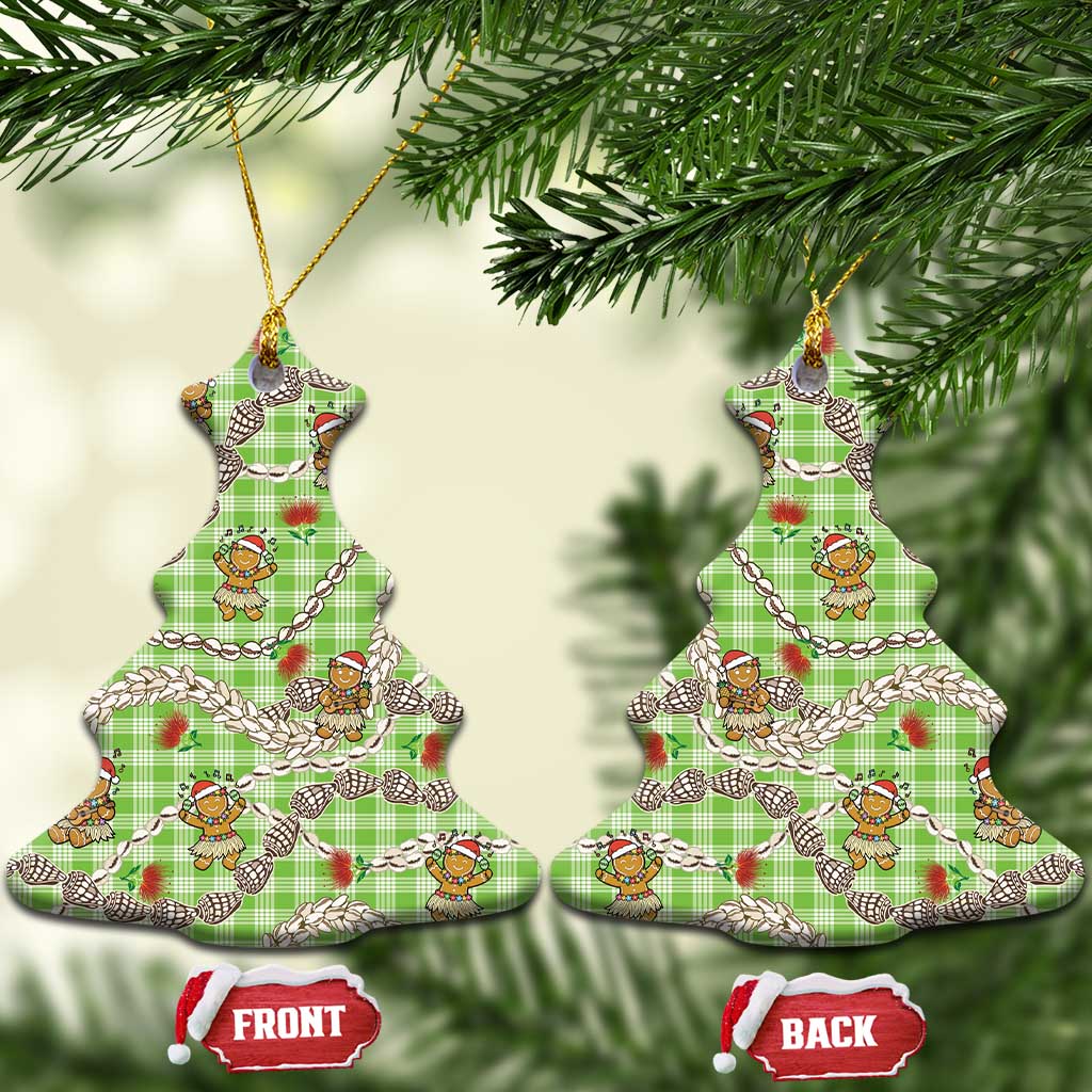 Green Palaka Hawaii Mele Kalikimaka Ceramic Ornament Ohia Lehua Shell Leis Funny Gingerbread Santa - Polynesian Pride