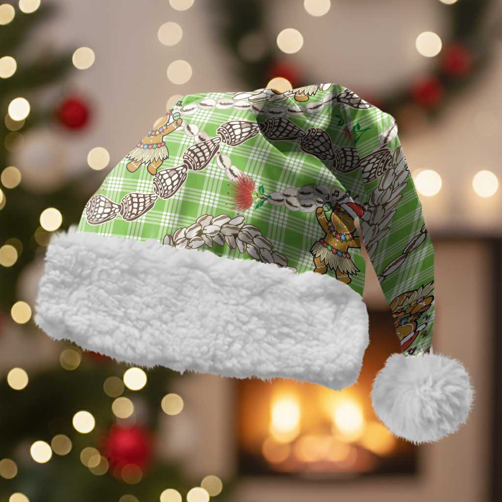 Green Palaka Hawaii Mele Kalikimaka Christmas Santa Hat Ohia Lehua Shell Leis Funny Gingerbread Santa - Polynesian Pride