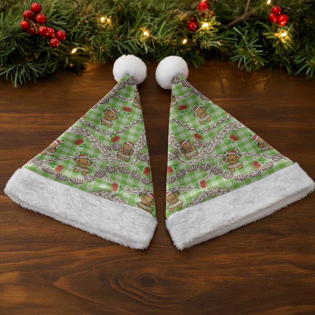 Green Palaka Hawaii Mele Kalikimaka Christmas Santa Hat Ohia Lehua Shell Leis Funny Gingerbread Santa - Polynesian Pride