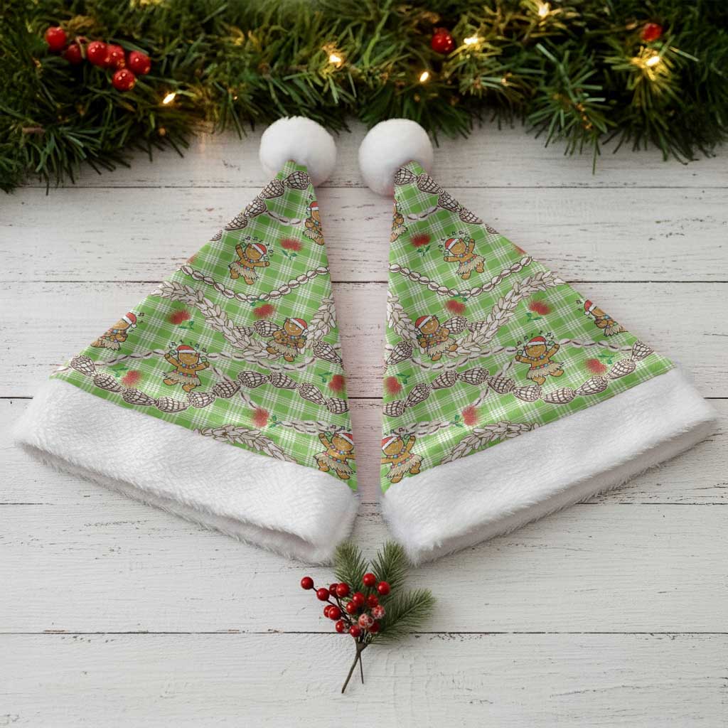 Green Palaka Hawaii Mele Kalikimaka Christmas Santa Hat Ohia Lehua Shell Leis Funny Gingerbread Santa - Polynesian Pride