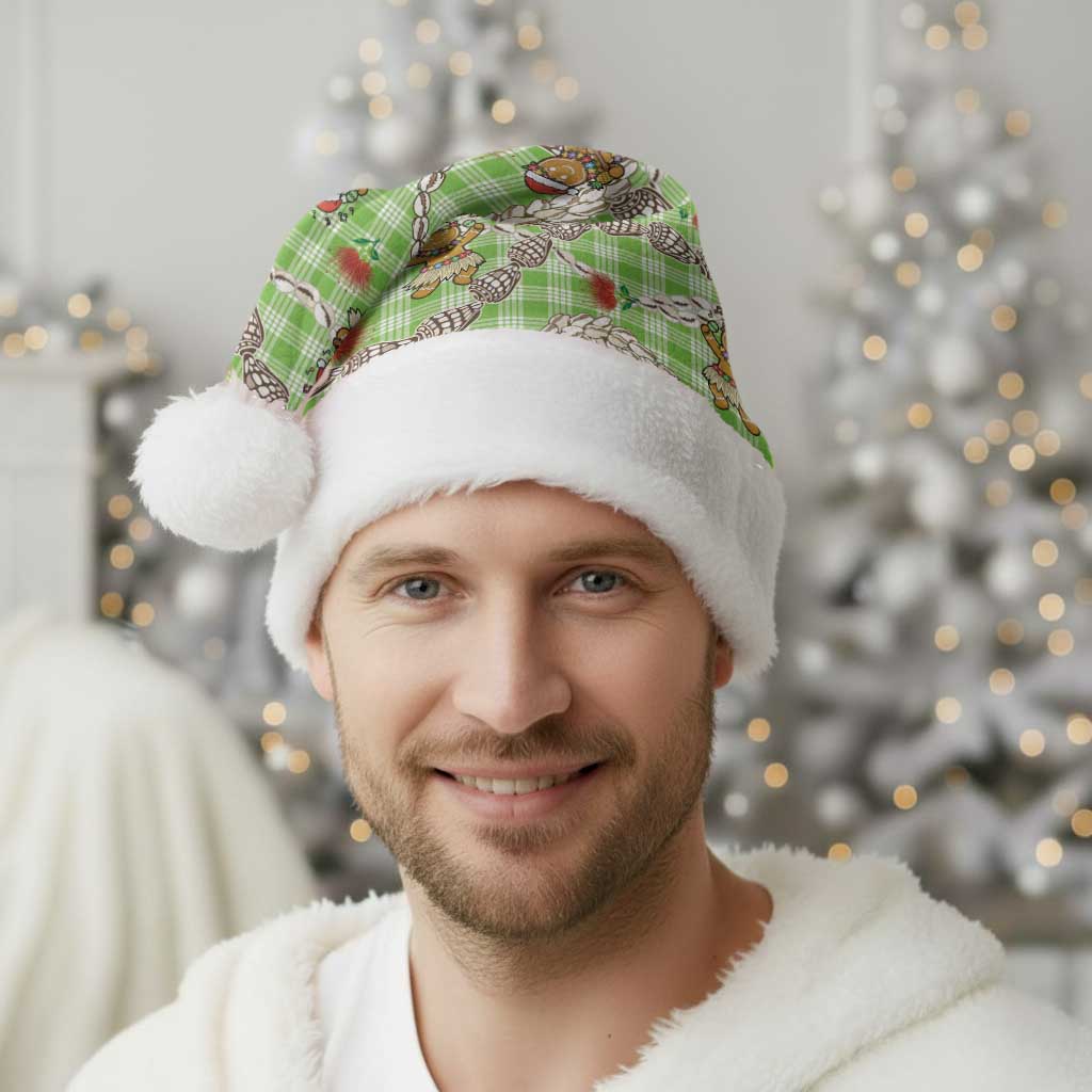Green Palaka Hawaii Mele Kalikimaka Christmas Santa Hat Ohia Lehua Shell Leis Funny Gingerbread Santa - Polynesian Pride