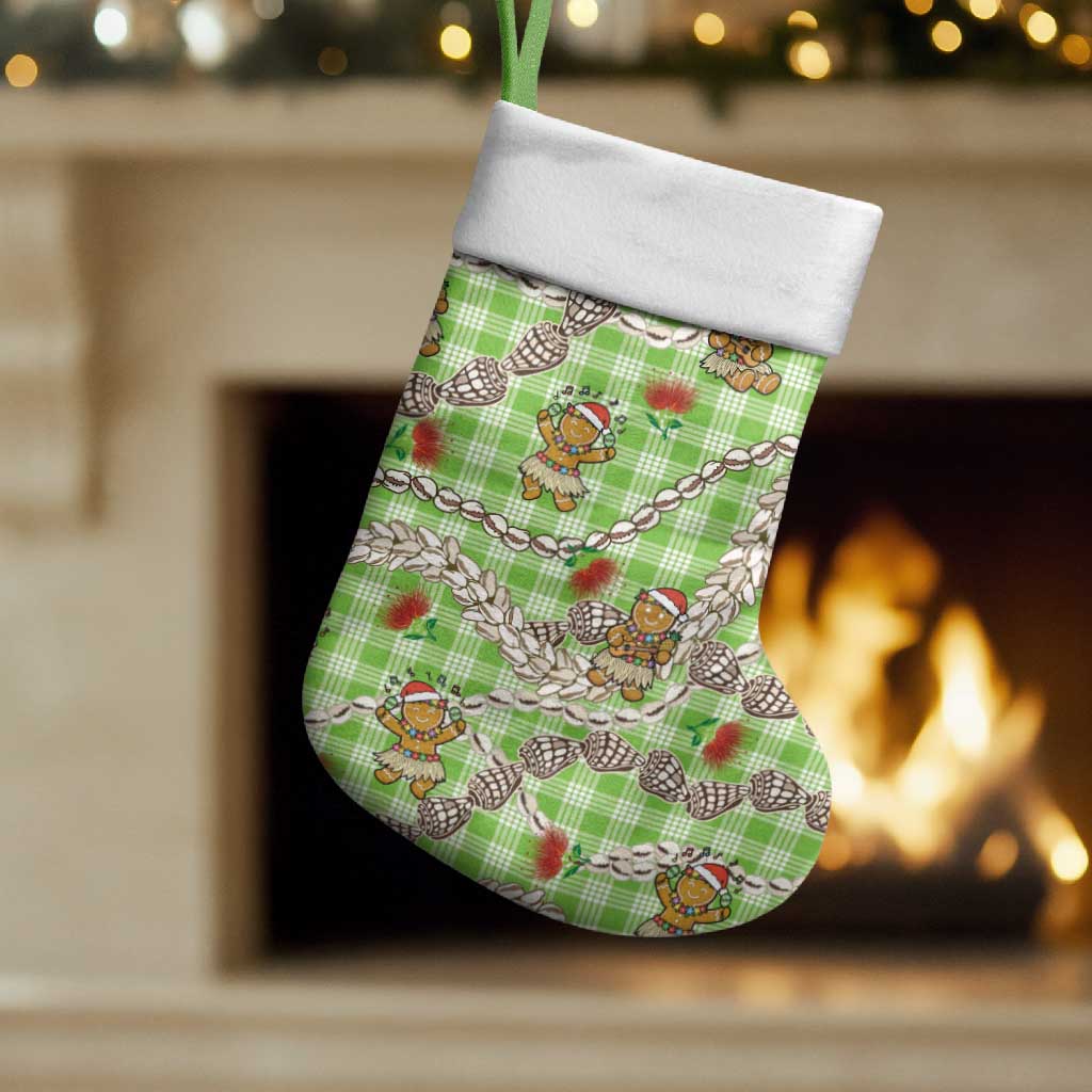 Green Palaka Hawaii Mele Kalikimaka Christmas Stocking Ohia Lehua Shell Leis Funny Gingerbread Santa - Polynesian Pride