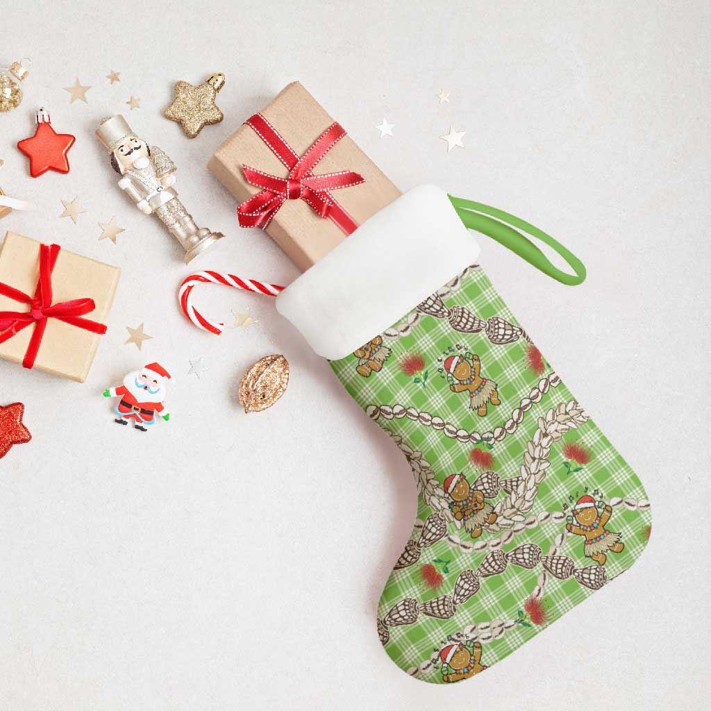 Green Palaka Hawaii Mele Kalikimaka Christmas Stocking Ohia Lehua Shell Leis Funny Gingerbread Santa LT14 - Polynesian Pride