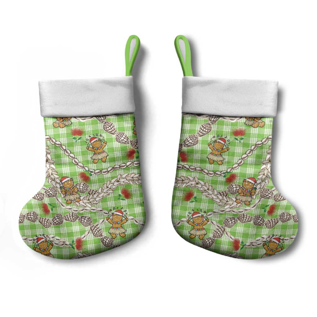 Green Palaka Hawaii Mele Kalikimaka Christmas Stocking Ohia Lehua Shell Leis Funny Gingerbread Santa LT14 - Polynesian Pride