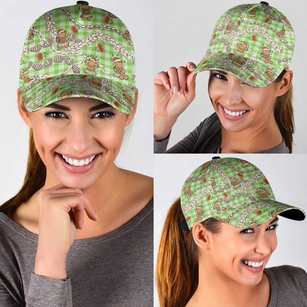 Green Palaka Hawaii Mele Kalikimaka Classic Cap Ohia Lehua Shell Leis Funny Gingerbread Santa - Polynesian Pride