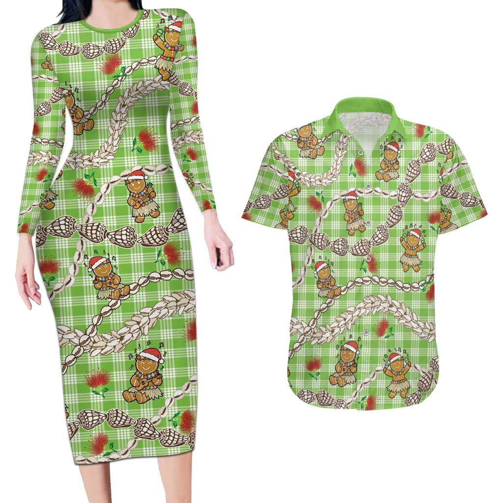 Green Palaka Hawaii Mele Kalikimaka Couples Matching Long Sleeve Bodycon Dress and Hawaiian Shirt Ohia Lehua Shell Leis Funny Gingerbread Santa LT14 Green - Polynesian Pride
