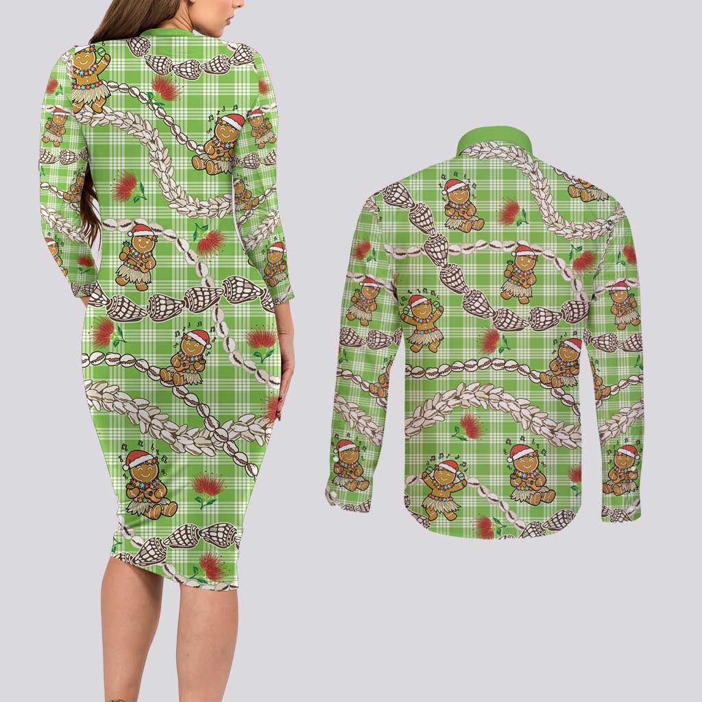 Green Palaka Hawaii Mele Kalikimaka Couples Matching Long Sleeve Bodycon Dress and Long Sleeve Button Shirt Ohia Lehua Shell Leis Funny Gingerbread Santa LT14 - Polynesian Pride