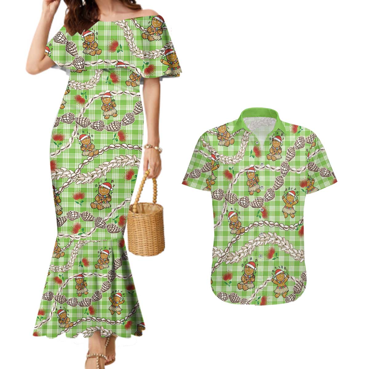 Green Palaka Hawaii Mele Kalikimaka Couples Matching Mermaid Dress and Hawaiian Shirt Ohia Lehua Shell Leis Funny Gingerbread Santa LT14 Green - Polynesian Pride
