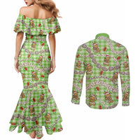 Green Palaka Hawaii Mele Kalikimaka Couples Matching Mermaid Dress and Long Sleeve Button Shirt Ohia Lehua Shell Leis Funny Gingerbread Santa LT14 - Polynesian Pride