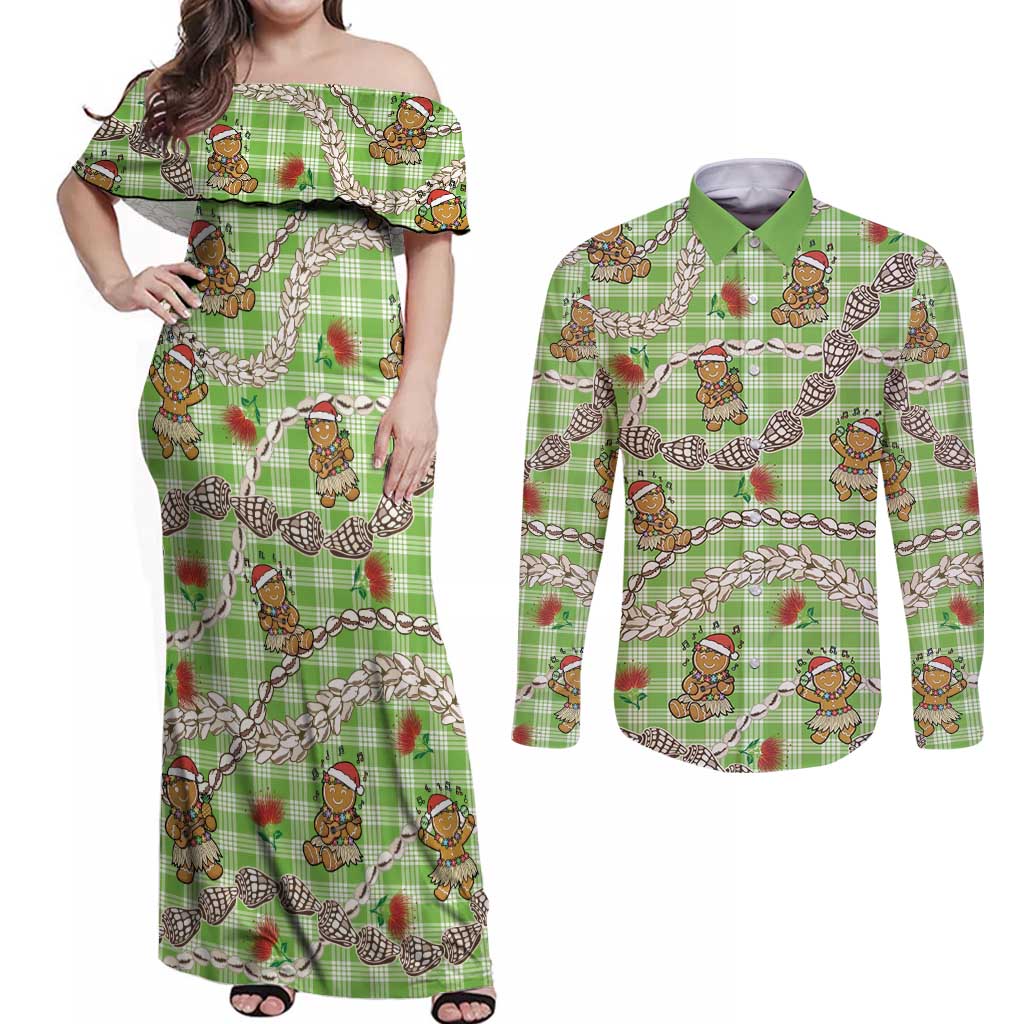 Green Palaka Hawaii Mele Kalikimaka Couples Matching Off Shoulder Maxi Dress and Long Sleeve Button Shirt Ohia Lehua Shell Leis Funny Gingerbread Santa LT14 Green - Polynesian Pride