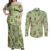 Green Palaka Hawaii Mele Kalikimaka Couples Matching Off Shoulder Maxi Dress and Long Sleeve Button Shirt Ohia Lehua Shell Leis Funny Gingerbread Santa LT14 Green - Polynesian Pride