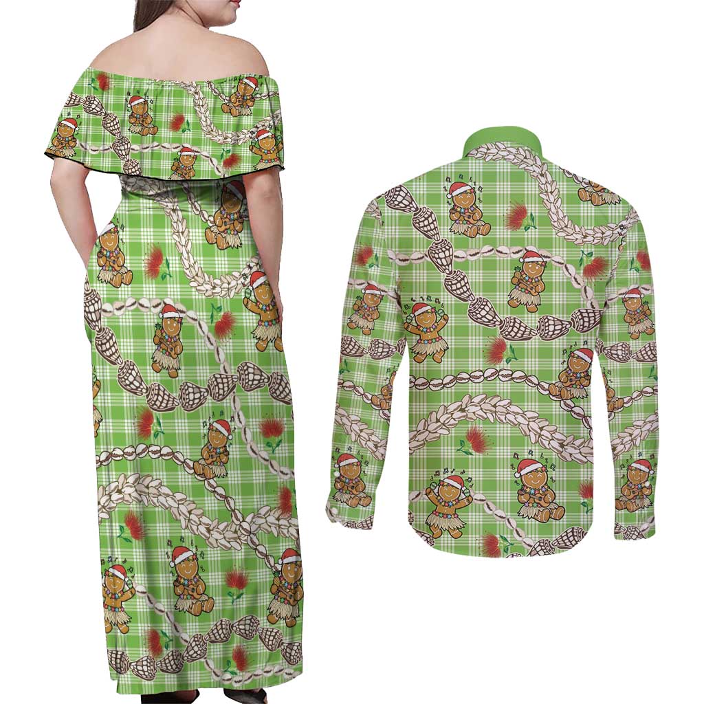 Green Palaka Hawaii Mele Kalikimaka Couples Matching Off Shoulder Maxi Dress and Long Sleeve Button Shirt Ohia Lehua Shell Leis Funny Gingerbread Santa LT14 - Polynesian Pride