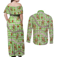 Green Palaka Hawaii Mele Kalikimaka Couples Matching Off Shoulder Maxi Dress and Long Sleeve Button Shirt Ohia Lehua Shell Leis Funny Gingerbread Santa LT14 - Polynesian Pride