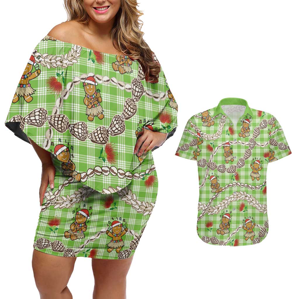 Green Palaka Hawaii Mele Kalikimaka Couples Matching Off Shoulder Short Dress and Hawaiian Shirt Ohia Lehua Shell Leis Funny Gingerbread Santa LT14 Green - Polynesian Pride