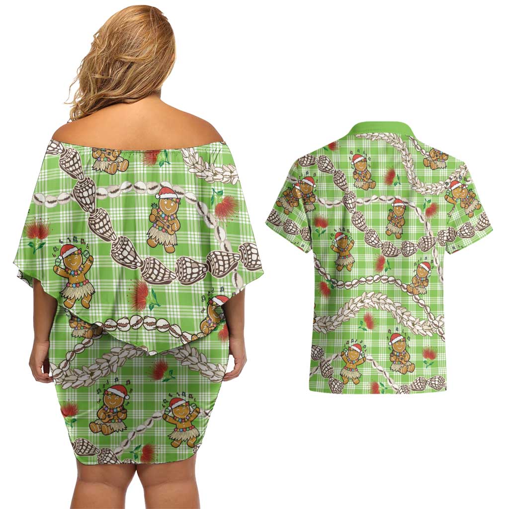 Green Palaka Hawaii Mele Kalikimaka Couples Matching Off Shoulder Short Dress and Hawaiian Shirt Ohia Lehua Shell Leis Funny Gingerbread Santa LT14 - Polynesian Pride