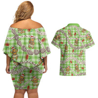 Green Palaka Hawaii Mele Kalikimaka Couples Matching Off Shoulder Short Dress and Hawaiian Shirt Ohia Lehua Shell Leis Funny Gingerbread Santa LT14 - Polynesian Pride