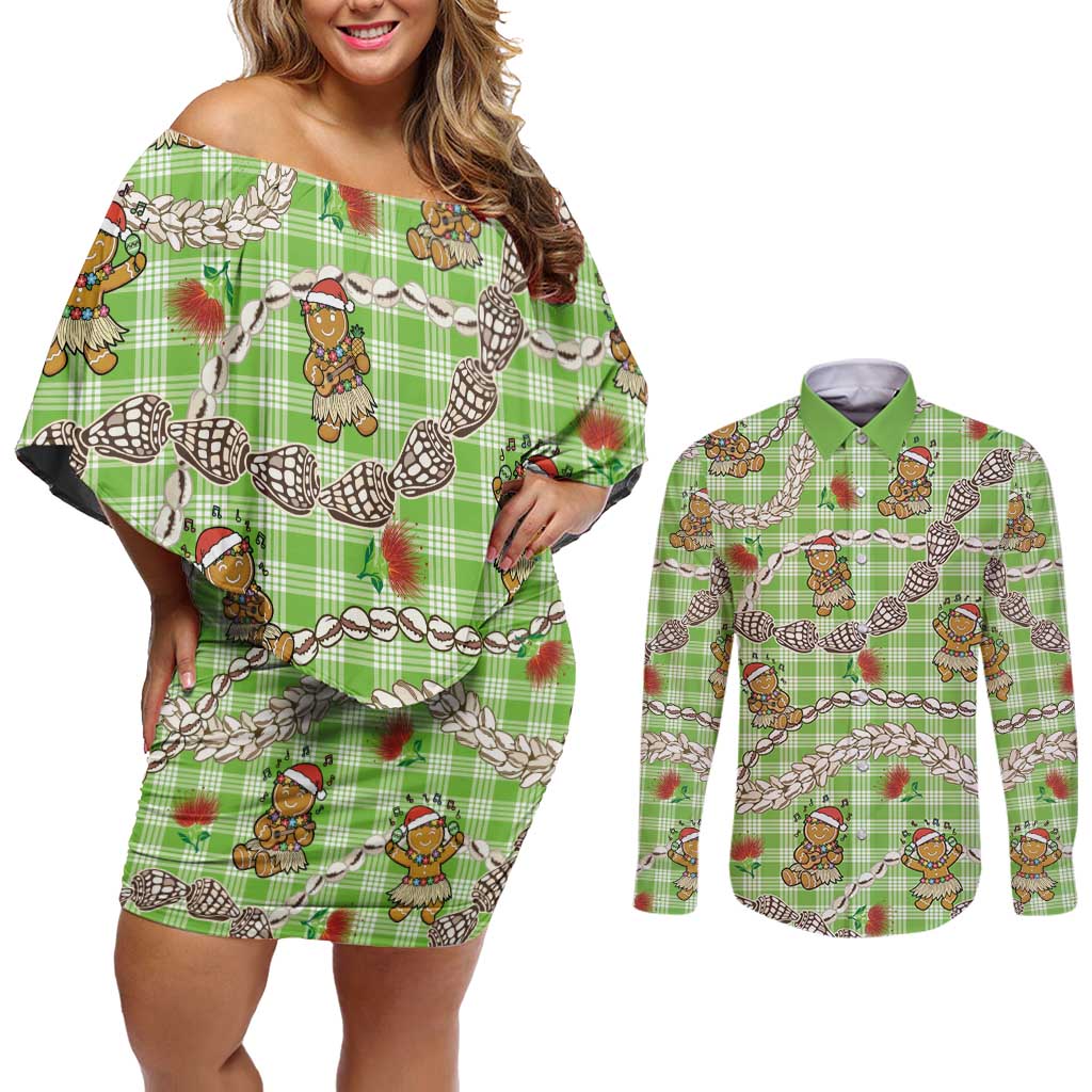 Green Palaka Hawaii Mele Kalikimaka Couples Matching Off Shoulder Short Dress and Long Sleeve Button Shirt Ohia Lehua Shell Leis Funny Gingerbread Santa LT14 Green - Polynesian Pride