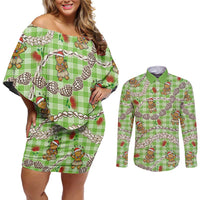Green Palaka Hawaii Mele Kalikimaka Couples Matching Off Shoulder Short Dress and Long Sleeve Button Shirt Ohia Lehua Shell Leis Funny Gingerbread Santa LT14 Green - Polynesian Pride