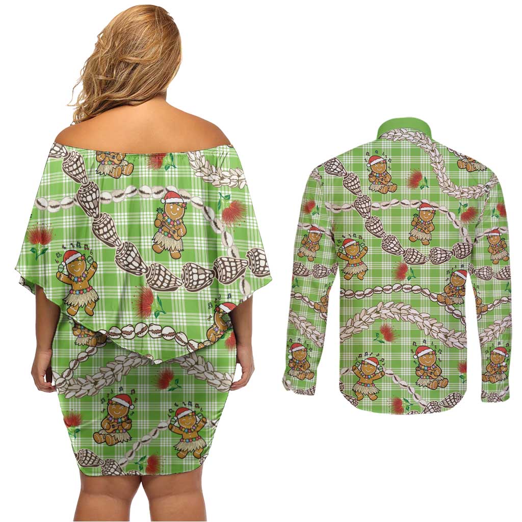 Green Palaka Hawaii Mele Kalikimaka Couples Matching Off Shoulder Short Dress and Long Sleeve Button Shirt Ohia Lehua Shell Leis Funny Gingerbread Santa LT14 - Polynesian Pride