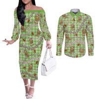 Green Palaka Hawaii Mele Kalikimaka Couples Matching Off The Shoulder Long Sleeve Dress and Long Sleeve Button Shirt Ohia Lehua Shell Leis Funny Gingerbread Santa LT14 Green - Polynesian Pride