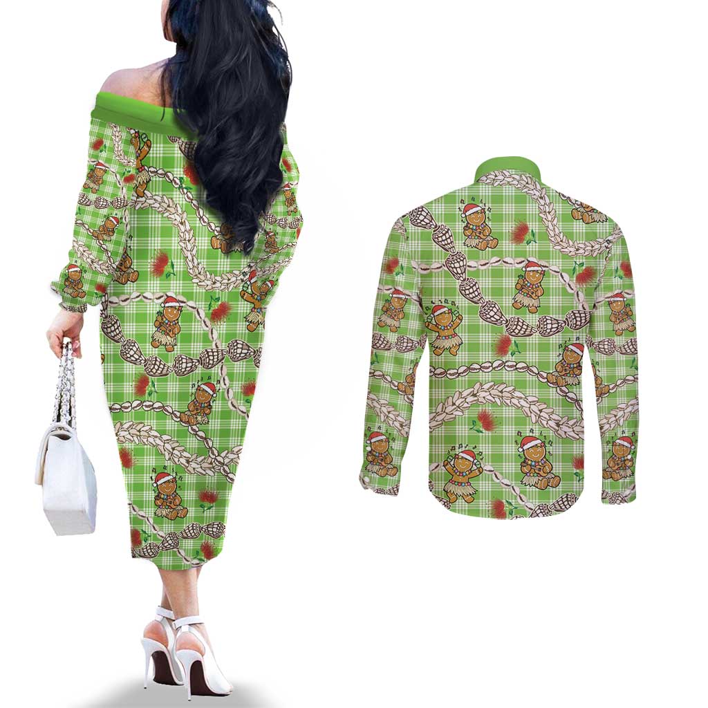 Green Palaka Hawaii Mele Kalikimaka Couples Matching Off The Shoulder Long Sleeve Dress and Long Sleeve Button Shirt Ohia Lehua Shell Leis Funny Gingerbread Santa LT14 - Polynesian Pride