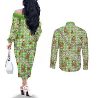 Green Palaka Hawaii Mele Kalikimaka Couples Matching Off The Shoulder Long Sleeve Dress and Long Sleeve Button Shirt Ohia Lehua Shell Leis Funny Gingerbread Santa LT14 - Polynesian Pride