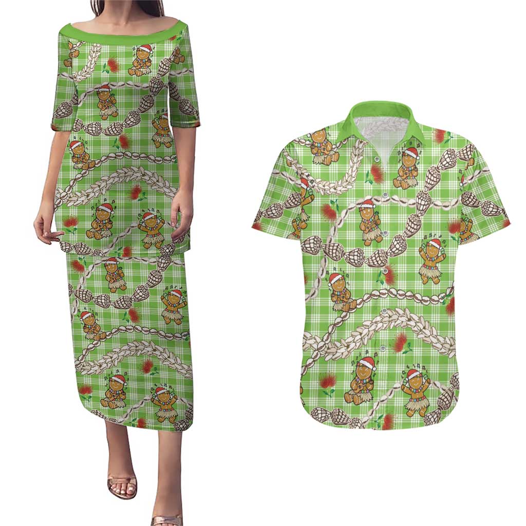 Green Palaka Hawaii Mele Kalikimaka Couples Matching Puletasi and Hawaiian Shirt Ohia Lehua Shell Leis Funny Gingerbread Santa LT14 Green - Polynesian Pride
