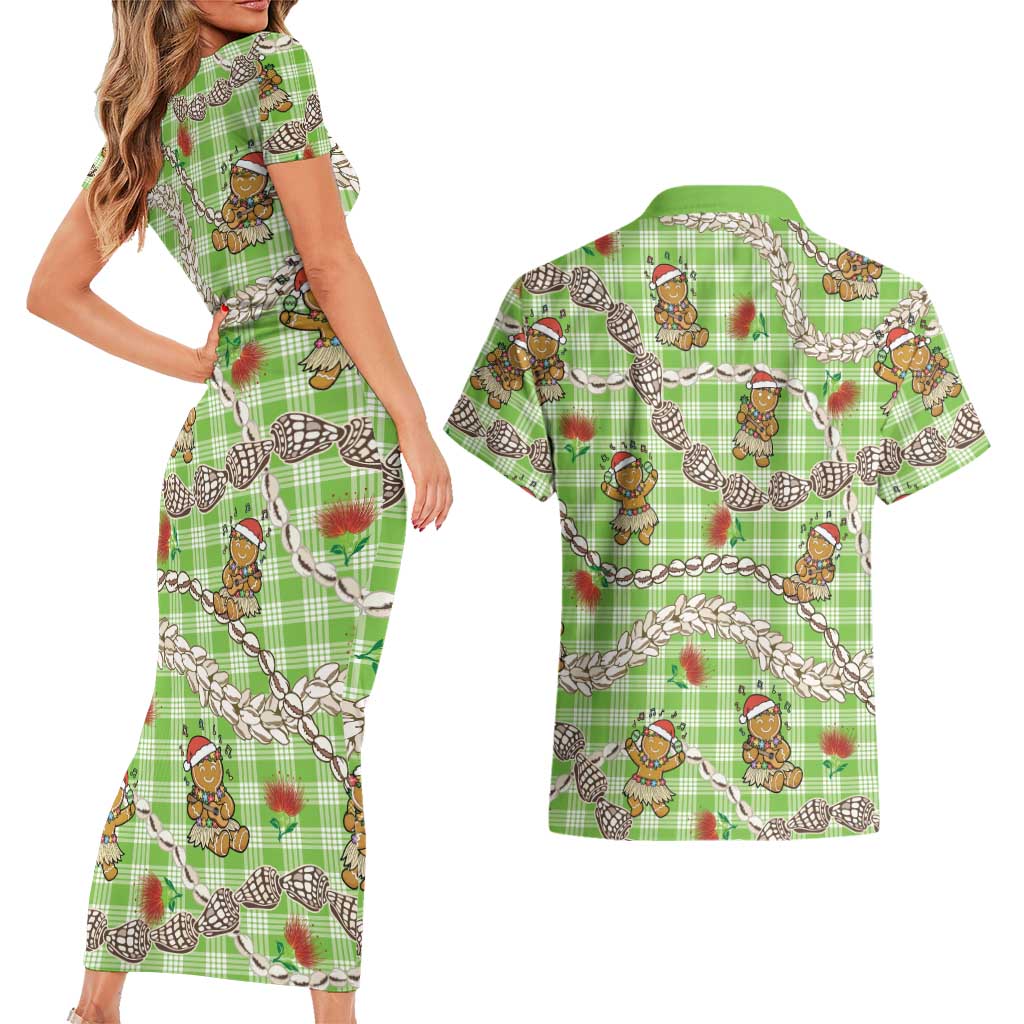 Green Palaka Hawaii Mele Kalikimaka Couples Matching Short Sleeve Bodycon Dress and Hawaiian Shirt Ohia Lehua Shell Leis Funny Gingerbread Santa LT14 - Polynesian Pride