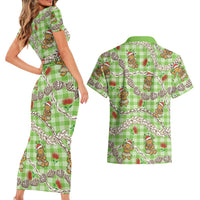 Green Palaka Hawaii Mele Kalikimaka Couples Matching Short Sleeve Bodycon Dress and Hawaiian Shirt Ohia Lehua Shell Leis Funny Gingerbread Santa LT14 - Polynesian Pride