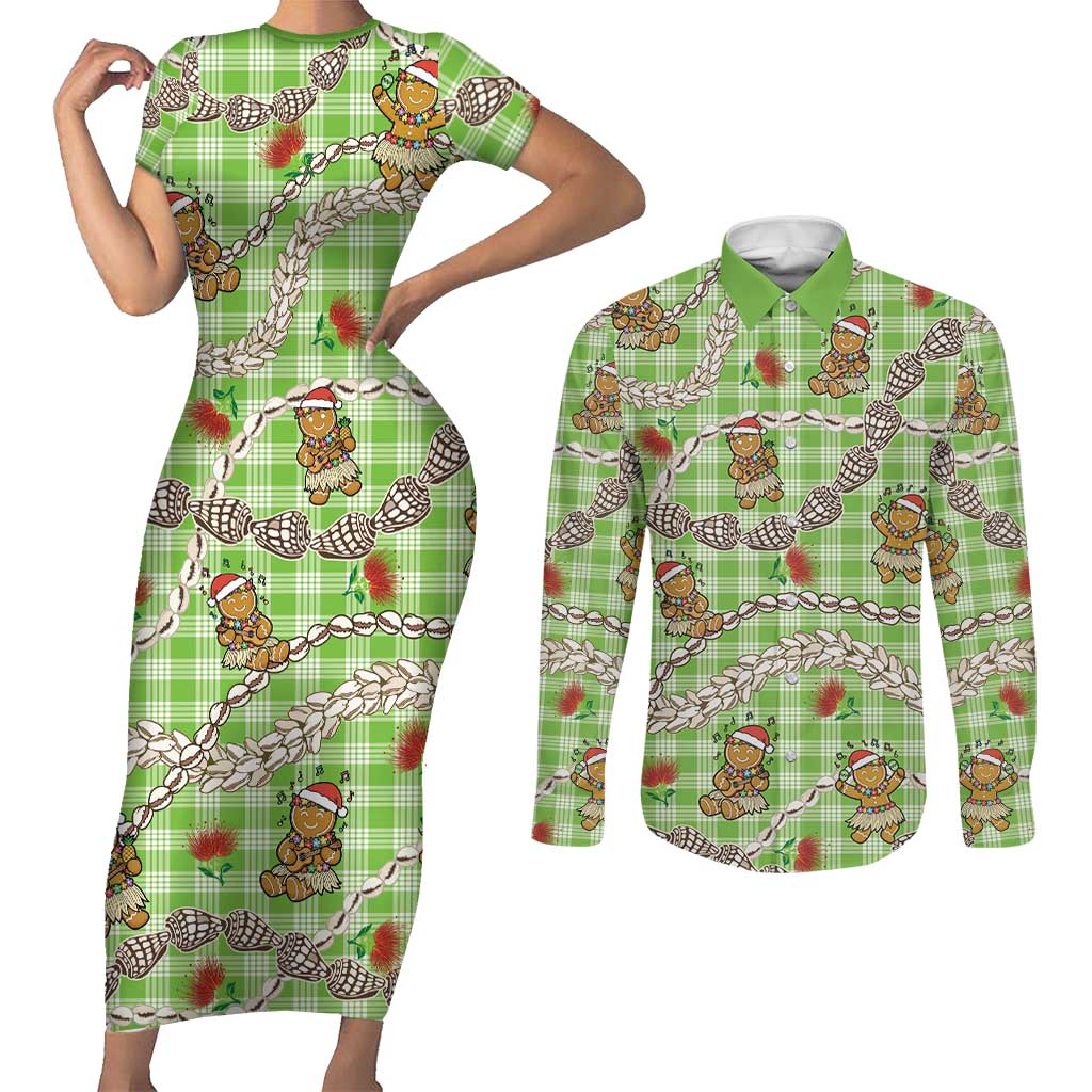 Green Palaka Hawaii Mele Kalikimaka Couples Matching Short Sleeve Bodycon Dress and Long Sleeve Button Shirt Ohia Lehua Shell Leis Funny Gingerbread Santa LT14 Green - Polynesian Pride