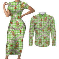 Green Palaka Hawaii Mele Kalikimaka Couples Matching Short Sleeve Bodycon Dress and Long Sleeve Button Shirt Ohia Lehua Shell Leis Funny Gingerbread Santa LT14 Green - Polynesian Pride