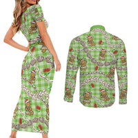 Green Palaka Hawaii Mele Kalikimaka Couples Matching Short Sleeve Bodycon Dress and Long Sleeve Button Shirt Ohia Lehua Shell Leis Funny Gingerbread Santa LT14 - Polynesian Pride