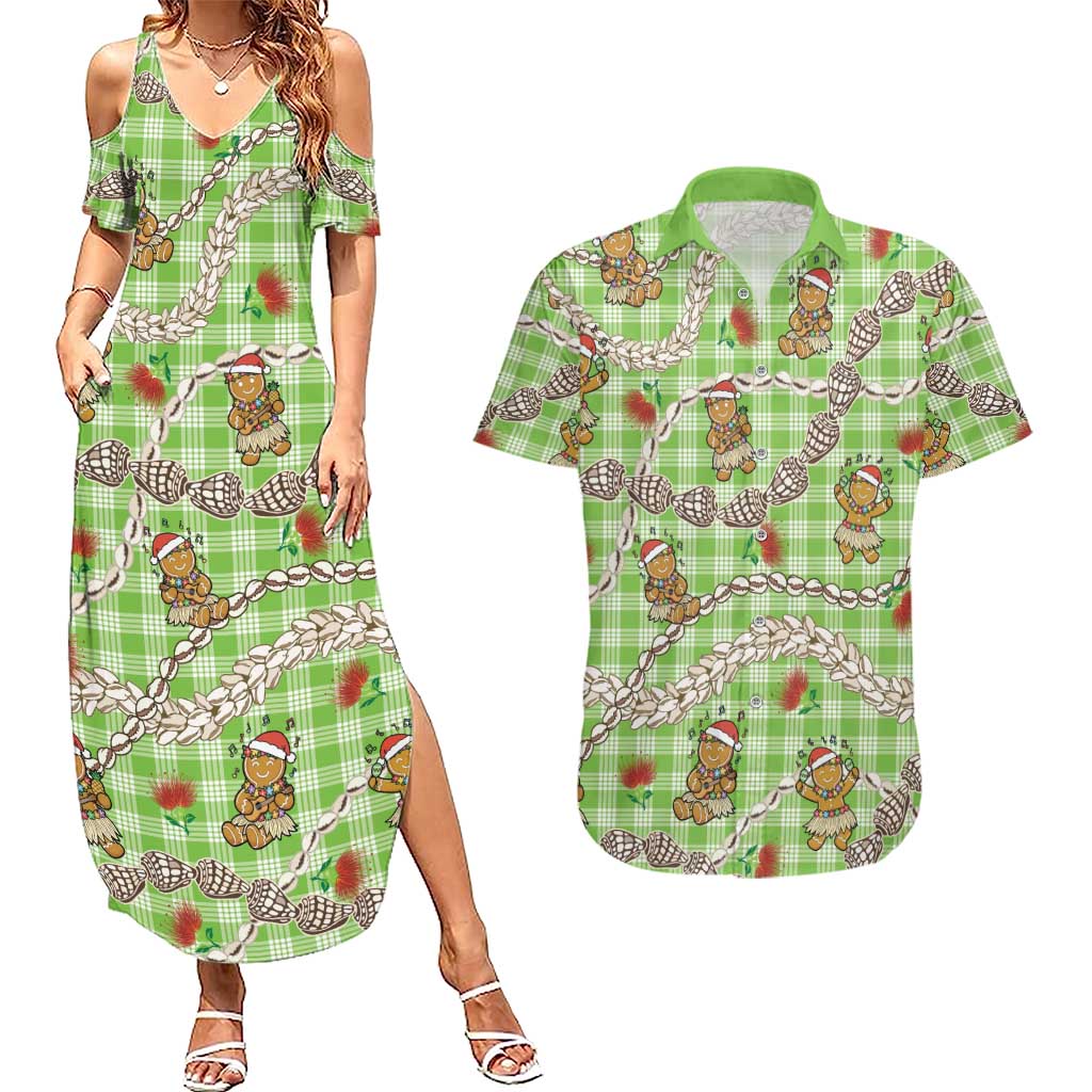 Green Palaka Hawaii Mele Kalikimaka Couples Matching Summer Maxi Dress and Hawaiian Shirt Ohia Lehua Shell Leis Funny Gingerbread Santa LT14 Green - Polynesian Pride