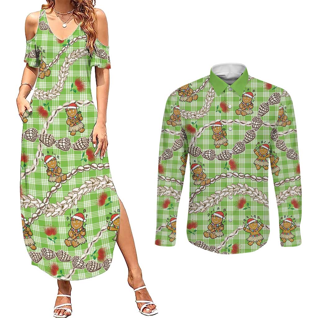 Green Palaka Hawaii Mele Kalikimaka Couples Matching Summer Maxi Dress and Long Sleeve Button Shirt Ohia Lehua Shell Leis Funny Gingerbread Santa - Polynesian Pride
