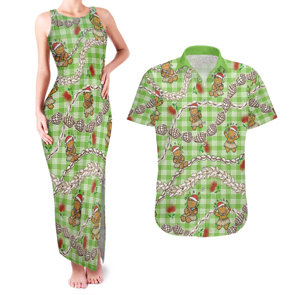 Green Palaka Hawaii Mele Kalikimaka Couples Matching Tank Maxi Dress and Hawaiian Shirt Ohia Lehua Shell Leis Funny Gingerbread Santa - Polynesian Pride