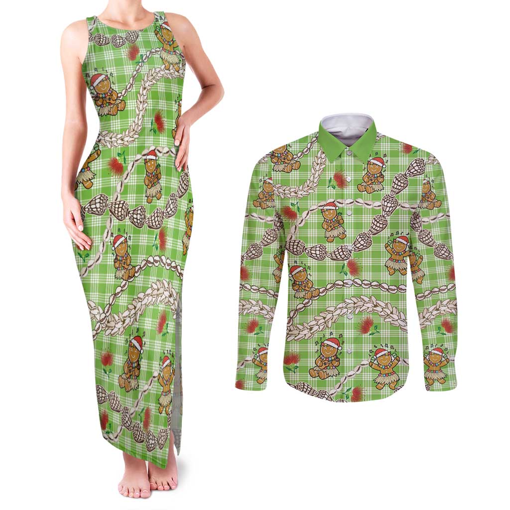 Green Palaka Hawaii Mele Kalikimaka Couples Matching Tank Maxi Dress and Long Sleeve Button Shirt Ohia Lehua Shell Leis Funny Gingerbread Santa - Polynesian Pride