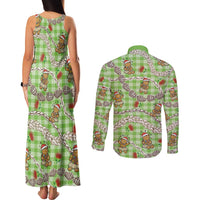 Green Palaka Hawaii Mele Kalikimaka Couples Matching Tank Maxi Dress and Long Sleeve Button Shirt Ohia Lehua Shell Leis Funny Gingerbread Santa LT14 - Polynesian Pride