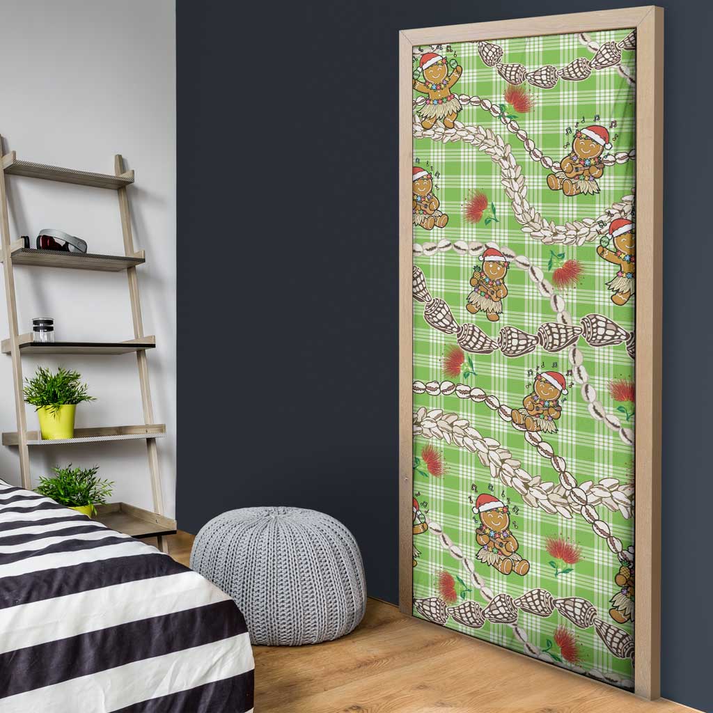 Green Palaka Hawaii Mele Kalikimaka Door Cover Ohia Lehua Shell Leis Funny Gingerbread Santa - Polynesian Pride