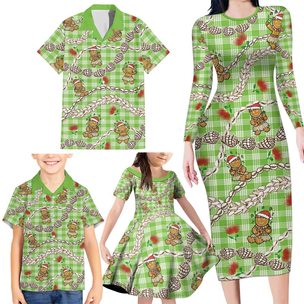 Green Palaka Hawaii Mele Kalikimaka Family Matching Long Sleeve Bodycon Dress and Hawaiian Shirt Ohia Lehua Shell Leis Funny Gingerbread Santa LT14 - Polynesian Pride