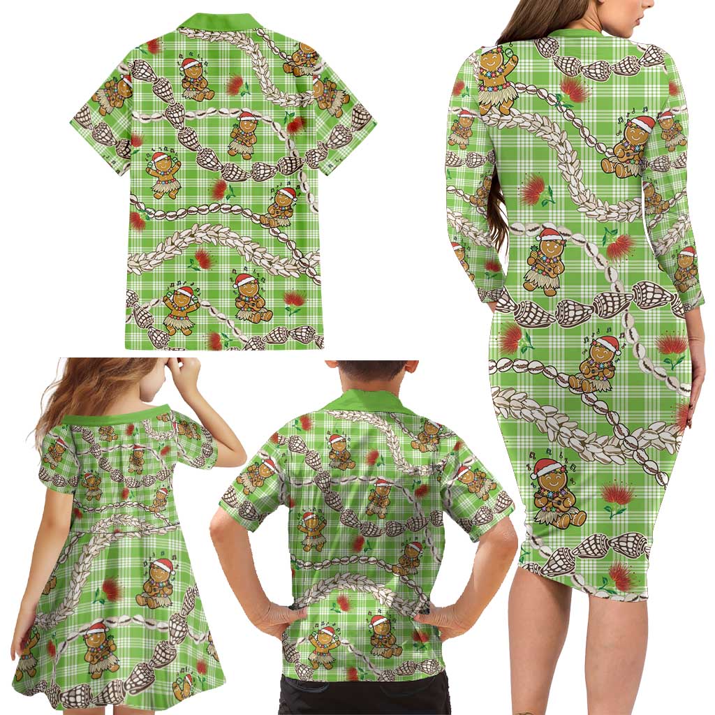 Green Palaka Hawaii Mele Kalikimaka Family Matching Long Sleeve Bodycon Dress and Hawaiian Shirt Ohia Lehua Shell Leis Funny Gingerbread Santa LT14 - Polynesian Pride