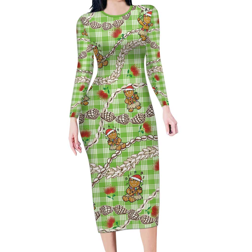 Green Palaka Hawaii Mele Kalikimaka Family Matching Long Sleeve Bodycon Dress and Hawaiian Shirt Ohia Lehua Shell Leis Funny Gingerbread Santa LT14 Green - Polynesian Pride