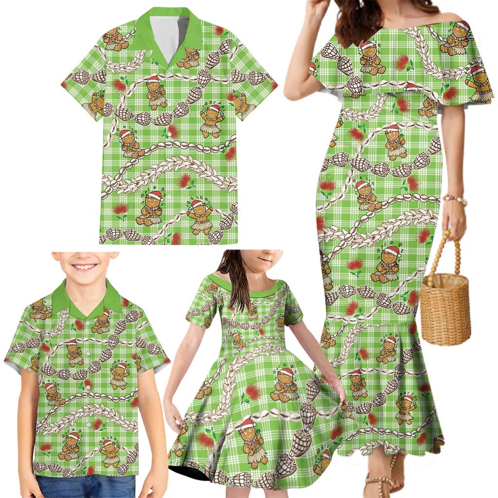 Green Palaka Hawaii Mele Kalikimaka Family Matching Mermaid Dress and Hawaiian Shirt Ohia Lehua Shell Leis Funny Gingerbread Santa - Polynesian Pride