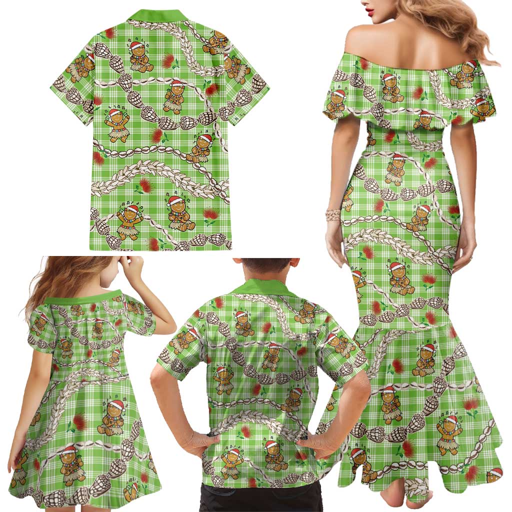 Green Palaka Hawaii Mele Kalikimaka Family Matching Mermaid Dress and Hawaiian Shirt Ohia Lehua Shell Leis Funny Gingerbread Santa LT14 - Polynesian Pride