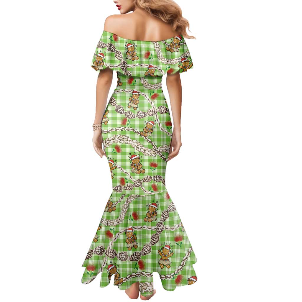 Green Palaka Hawaii Mele Kalikimaka Family Matching Mermaid Dress and Hawaiian Shirt Ohia Lehua Shell Leis Funny Gingerbread Santa LT14 - Polynesian Pride
