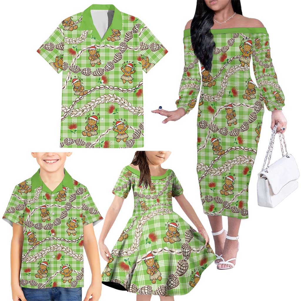 Green Palaka Hawaii Mele Kalikimaka Family Matching Off The Shoulder Long Sleeve Dress and Hawaiian Shirt Ohia Lehua Shell Leis Funny Gingerbread Santa - Polynesian Pride