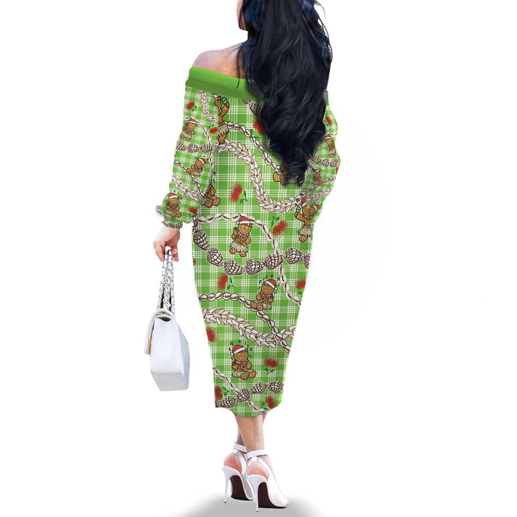 Green Palaka Hawaii Mele Kalikimaka Family Matching Off The Shoulder Long Sleeve Dress and Hawaiian Shirt Ohia Lehua Shell Leis Funny Gingerbread Santa LT14 - Polynesian Pride