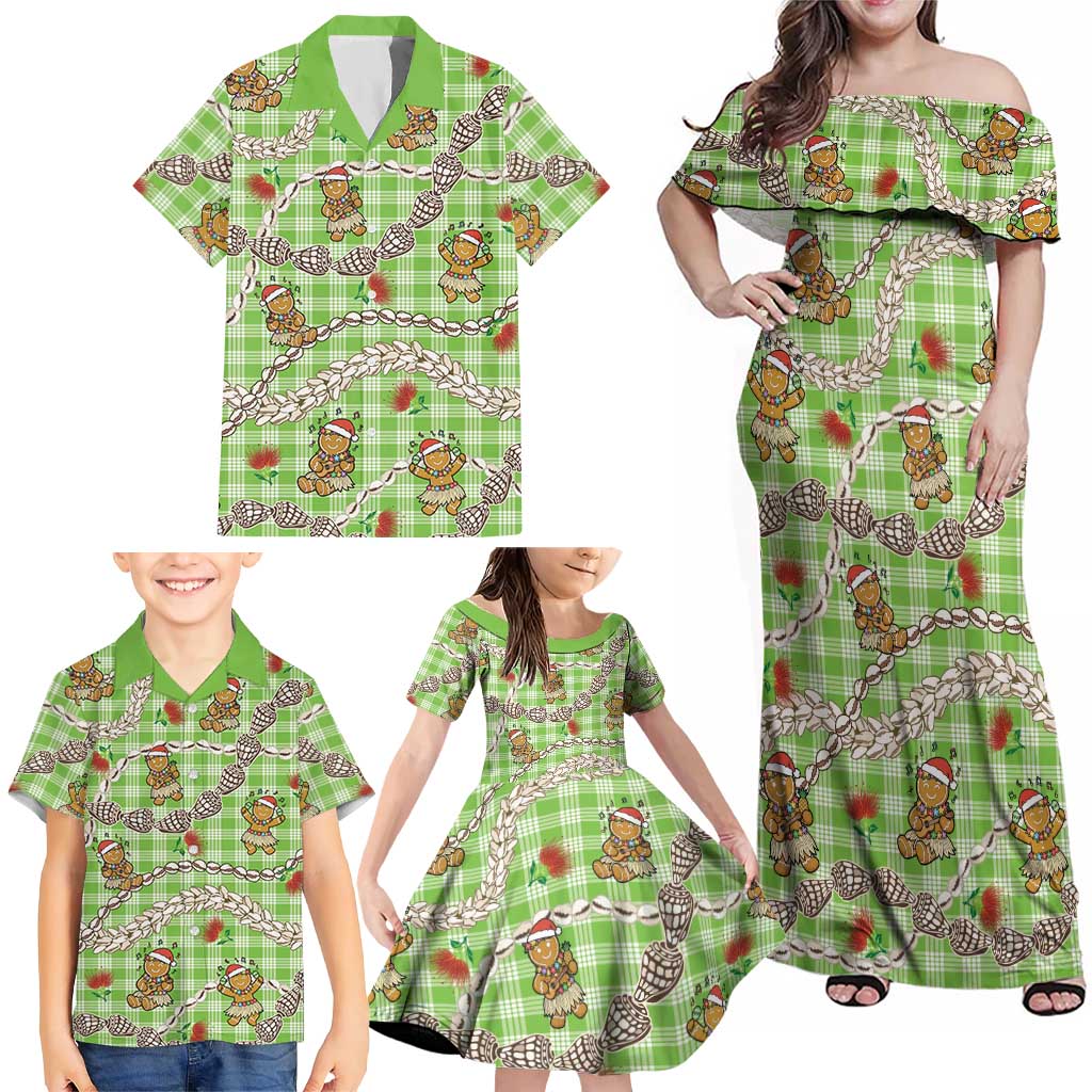 Green Palaka Hawaii Mele Kalikimaka Family Matching Off Shoulder Maxi Dress and Hawaiian Shirt Ohia Lehua Shell Leis Funny Gingerbread Santa LT14 - Polynesian Pride