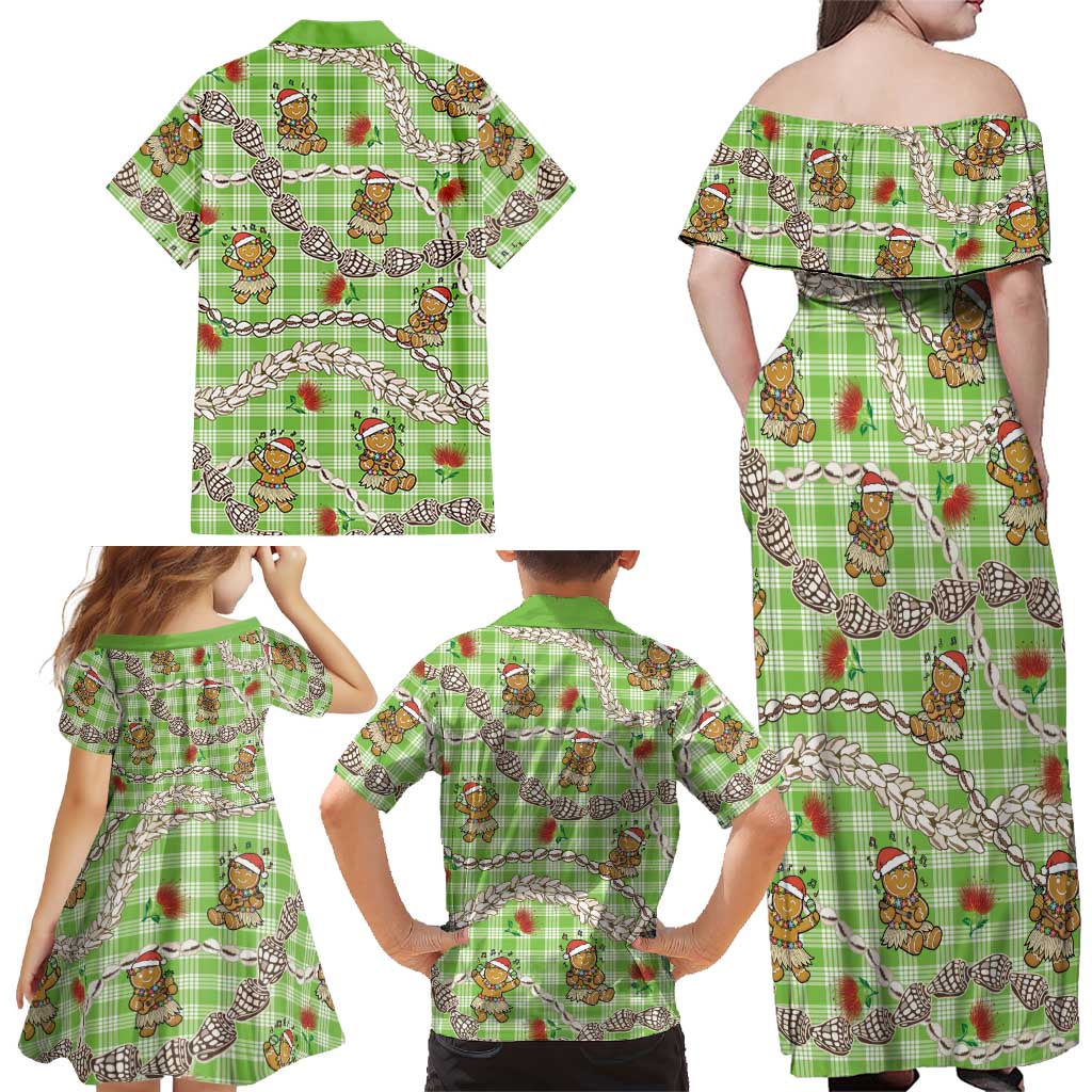 Green Palaka Hawaii Mele Kalikimaka Family Matching Off Shoulder Maxi Dress and Hawaiian Shirt Ohia Lehua Shell Leis Funny Gingerbread Santa LT14 - Polynesian Pride