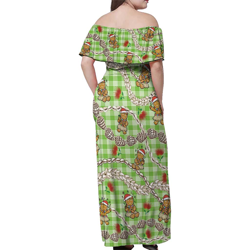 Green Palaka Hawaii Mele Kalikimaka Family Matching Off Shoulder Maxi Dress and Hawaiian Shirt Ohia Lehua Shell Leis Funny Gingerbread Santa LT14 - Polynesian Pride