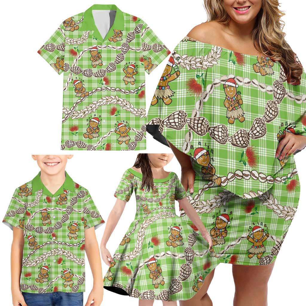 Green Palaka Hawaii Mele Kalikimaka Family Matching Off Shoulder Short Dress and Hawaiian Shirt Ohia Lehua Shell Leis Funny Gingerbread Santa LT14 - Polynesian Pride